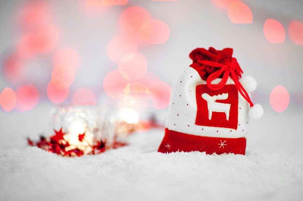 bag, celebration, christmas, december, decoration, decorative, festive, gift, holiday, nature, present, red, sack, season, seasonal, winter, xmas, snow